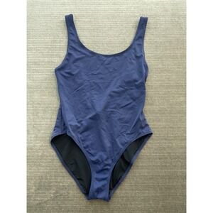 Solid & Striped One Piece Swim Suit Women L Open Back Blue Modest Minimalist